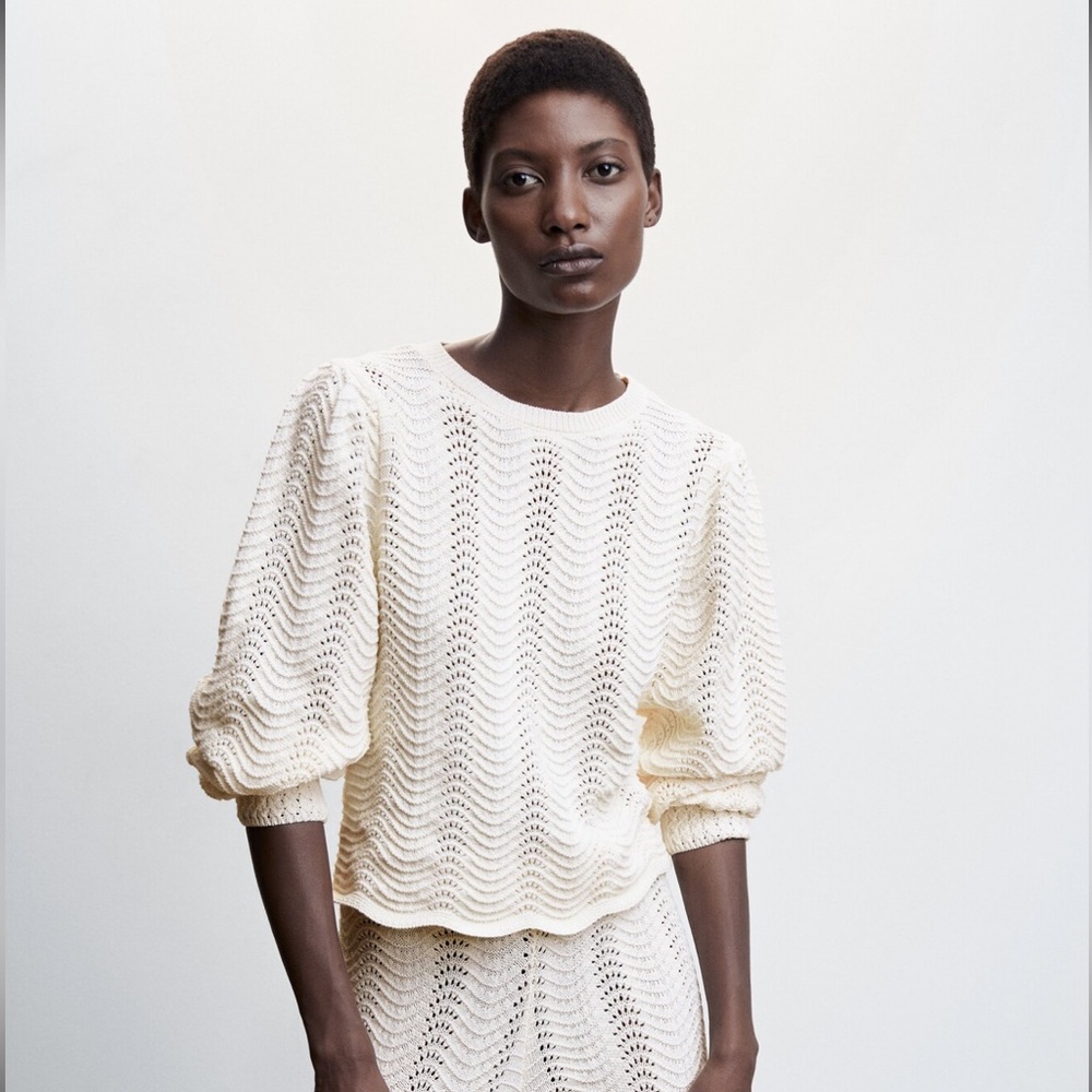 Mango Women’s Cream and White Puff Sleeve Knitted Sweater